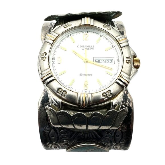 Native American Peyote Bird Inlay Turquoise Sterling Silver Watch Cuff 114 Grams - Picture 3 of 7